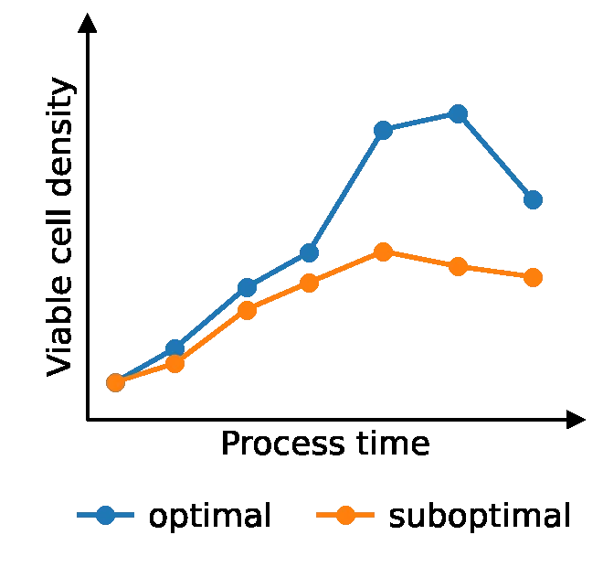 Schematic plot of viable cell density over process time for an optimal and a suboptimal operating point